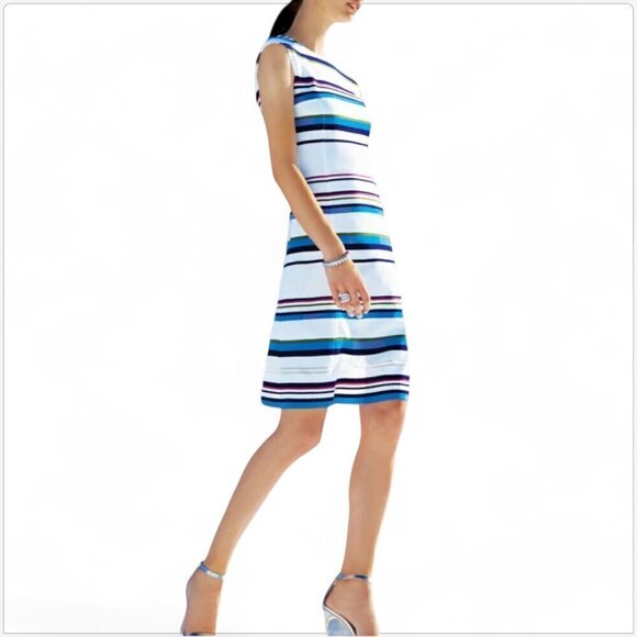 St. John Gia Stripe Knit Cap Sleeve Dress White Multicolor Summer NWT New 10 - Picture 2 of 7